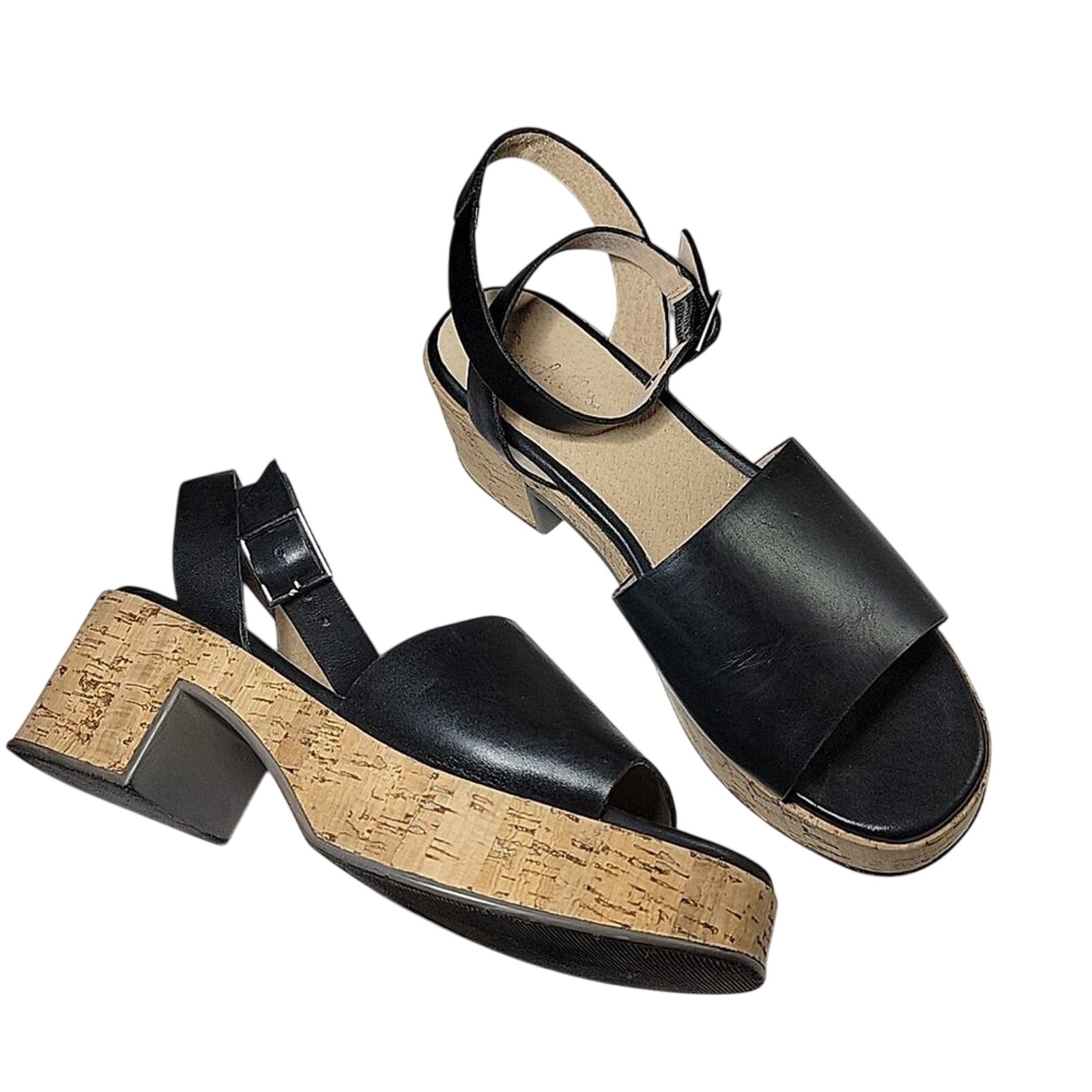 Seychelles Roolee Platform Cork Heel Slide Sandal Size 8.5 M Black Leather